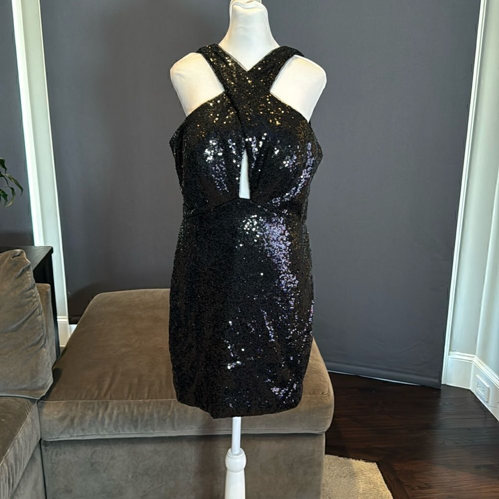 Women’s Fully Sequined Short Black Dress with Low Cut Back Size 12 NWOT